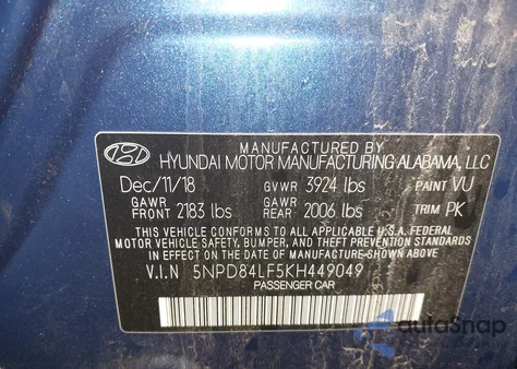 2019 Hyundai Elantra Sel из США, поврежденный, VIN 5NPD84LF5KH449049